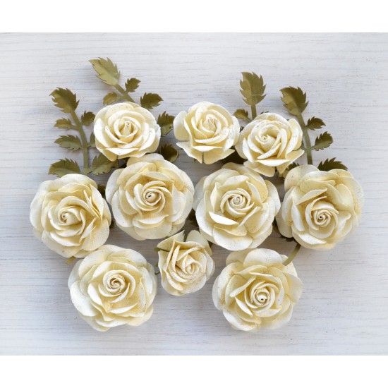 Χειροποίητα Τριαντάφυλλα Με Glitter Whitney Amor Mio 14τεμ ( 10 Λουλούδια και 4 Κλαδιά με Φύλλα )