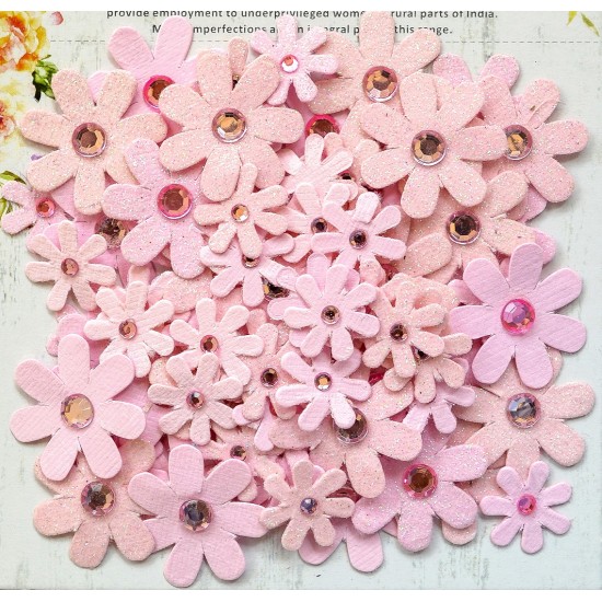 Χειροποίητα λουλούδια ,με glitter και στρας ,ροζ 80τεμ