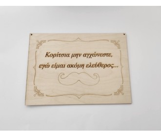 Ξύλινη πινακίδα "Κορίτσια μην αγχώνεστε εγώ είμαι ακόμη ελεύθερος... " 25Χ35cm Ξύλινη πινακίδα "Κορίτσια μην αγχώνεστε εγώ είμαι ακόμη ελεύθερος... " 25Χ35cm