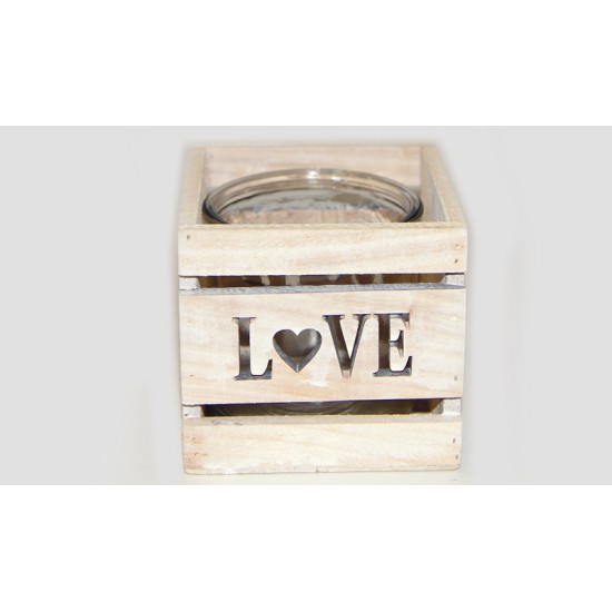 ΞΥΛΙΝΟ ΤΕΤΡΑΓΩΝΟ ΚΗΡΟΠΗΓΙΟ LOVE ΜΕ ΓΥΑΛΑ 12cm x 12cm x 11cm 0619012