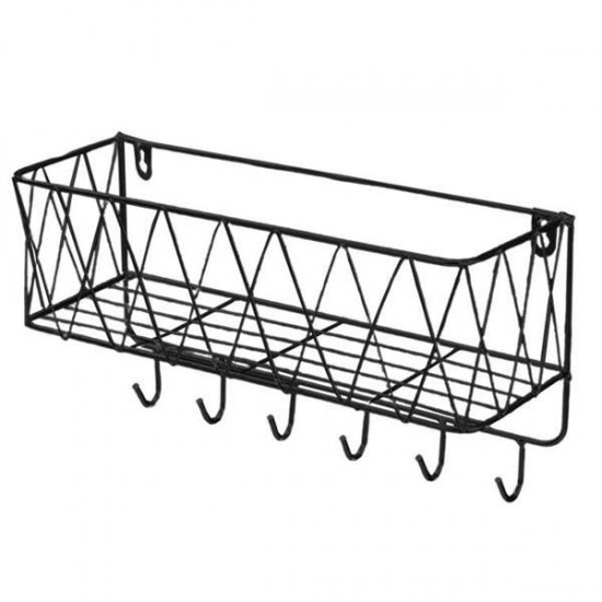 Επιτοίχια θήκη οργάνωσης με ράφι - 6 γάντζους μαύρη Υ19x34x12εκ.
