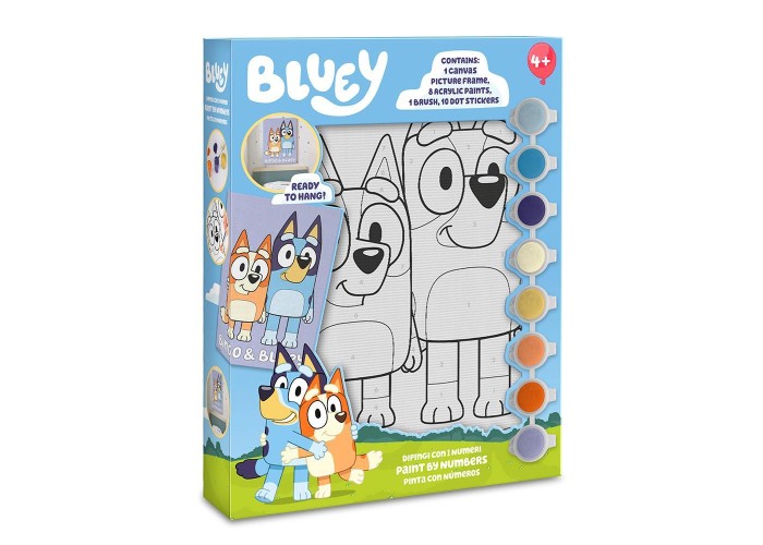 Σετ ζωγραφικής με αριθμούς Bluey σε καμβά με 8 ακρυλικά χρώματα Y24,5x18,5εκ.
