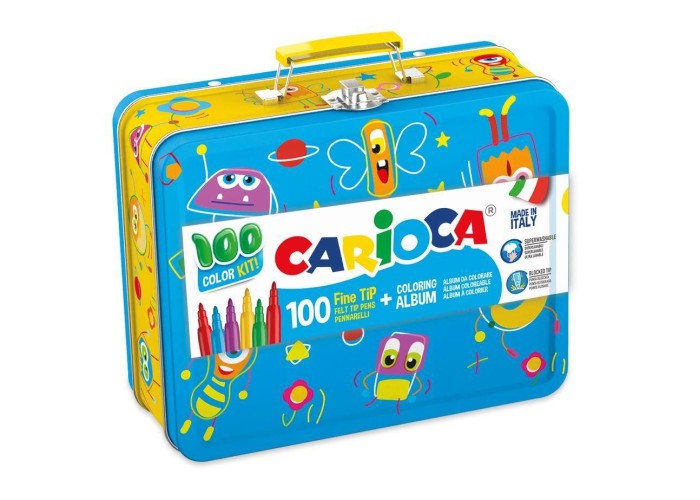 Carioca μεταλλικό κουτί με 100 μαρκαδόρους και βιβλίο ζωγραφίζω