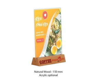 Επιτραπέζια ξύλινη βάση με ακρυλική θήκη 2 όψεων για μενού 15εκ.