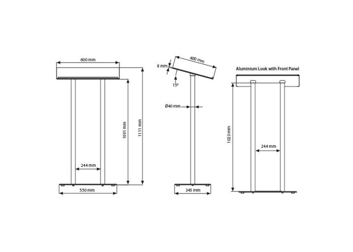 Έδρανο ομιλητή podium αλουμινίου με γυάλινη επιφάνεια - μπροστινό πάνελ Υ111εκ.
