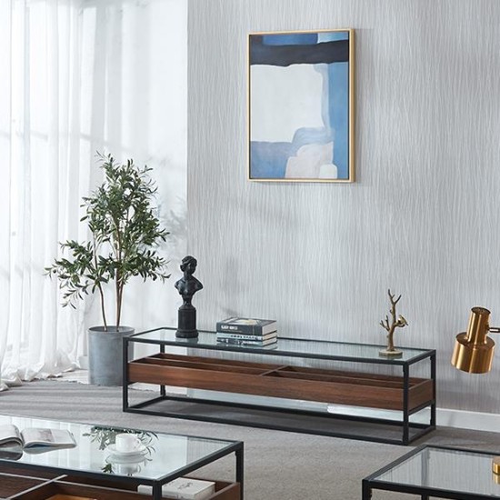 Έπιπλο τηλεόρασης μεταλλικό Nextdeco γυάλινη επιφάνεια και ράφι από MDF Υ40x160x40εκ. Έπιπλο τηλεόρασης μεταλλικό Nextdeco γυάλινη επιφάνεια και ράφι από MDF Υ40x160x40εκ.
