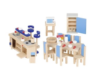 Goki σετ κουζίνας ξύλινο μπλε 30 τεμαχίων για κουκλόσπιτο.