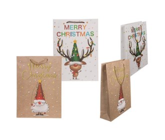Χάρτινες τσάντες χριστουγεννιάτικες Φατσούλες-λαμπάκια Υ34,5x25x8,5εκ.