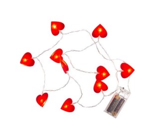 Φωτιζόμενη αλυσίδα από 10 κόκκινες καρδιές LED από τσοχα 4εκ.