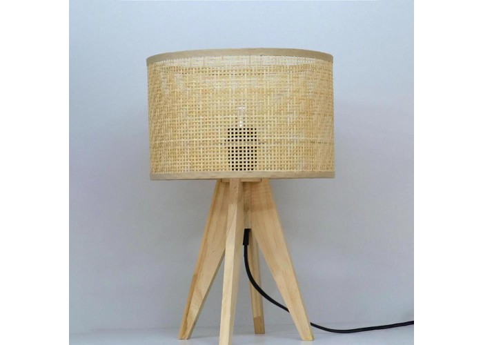 Φωτιστικό επιτραπέζιο rattan με ξύλινη βάση Υ36,5xØ24εκ.