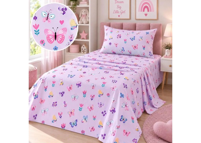 Σετ παιδικά σεντόνια μονά Butterfly από 100% βαμβάκι 170x260εκ.