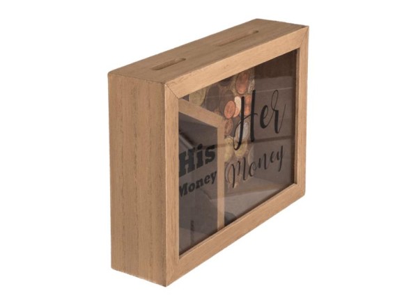 Κουμπαράς - κορνίζα ξύλινος με δύο θήκες «His money - Her money», Υ15x20x5εκ. Κουμπαράς - κορνίζα ξύλινος με δύο θήκες «His money - Her money», Υ15x20x5εκ.