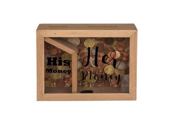 Κουμπαράς - κορνίζα ξύλινος με δύο θήκες «His money - Her money», Υ15x20x5εκ. Κουμπαράς - κορνίζα ξύλινος με δύο θήκες «His money - Her money», Υ15x20x5εκ.