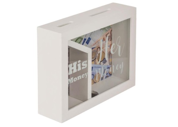 Κουμπαράς-κορνίζα λευκός, με δύο θήκες «His money - Her money», Υ15x20x5εκ. Κουμπαράς-κορνίζα λευκός, με δύο θήκες «His money - Her money», Υ15x20x5εκ.