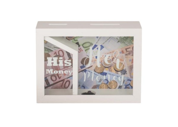 Κουμπαράς-κορνίζα λευκός, με δύο θήκες «His money - Her money», Υ15x20x5εκ. Κουμπαράς-κορνίζα λευκός, με δύο θήκες «His money - Her money», Υ15x20x5εκ.