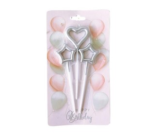 Κεράκια γενεθλίων καρδιά-αστεράκια σετ 3 τμχ 11εκ. ασημί