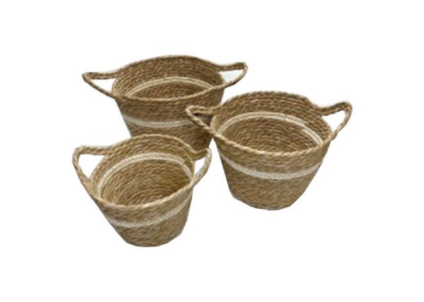 Σετ 3 καλάθια ψάθινα με λευκή ρίγα Ø20xΥ15εκ., Ø23xΥ18εκ., Ø26xΥ20εκ.