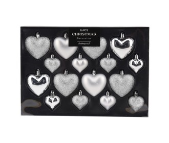 Σετ χριστουγεννιάτικα στολίδια-καρδιές 16 τεμαχίων, 3 σχεδίων ασημί Σετ χριστουγεννιάτικα στολίδια-καρδιές 16 τεμαχίων, 3 σχεδίων ασημί