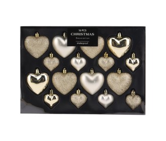 Σετ χριστουγεννιάτικα στολίδια-καρδιές 16 τεμαχίων, 3 σχεδίων χρυσές Σετ χριστουγεννιάτικα στολίδια-καρδιές 16 τεμαχίων, 3 σχεδίων χρυσές