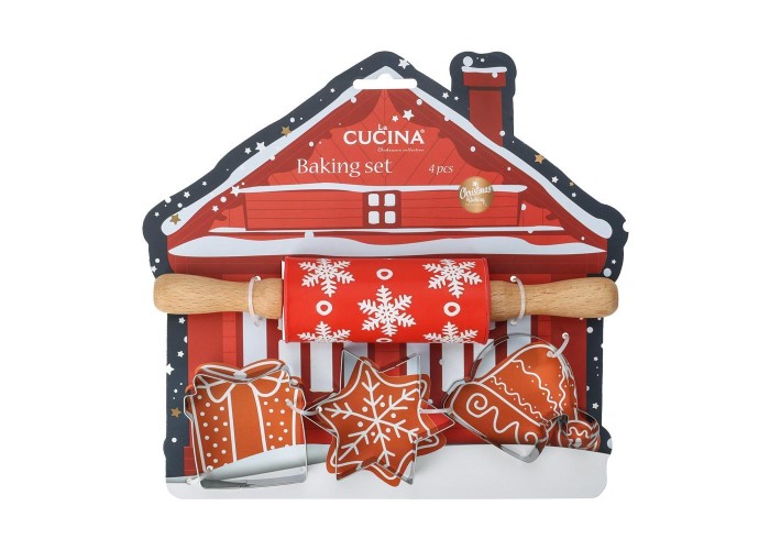 Χριστουγεννιάτικο σετ μαγειρικής με πλάστη και 3 κουπ πατ για μπισκότα 24x23x4,5εκ χιονισμένο σπίτι