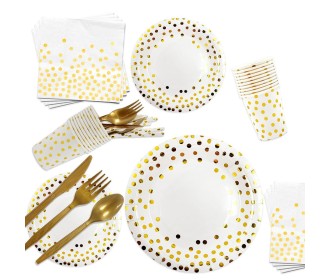 Σετ για πάρτυ πουά χρυσό-λευκό Σετ για πάρτυ πουά χρυσό-λευκό