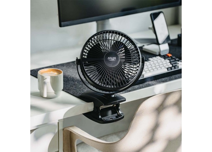 Επαναφορτιζόμενος ανεμιστήρας γραφείου Adler με κλιπ 15.5 εκ., περιστροφή 360°, αθόρυβος USB-C λευκός