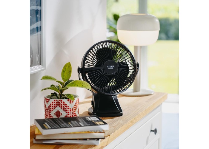 Επαναφορτιζόμενος ανεμιστήρας γραφείου Adler με κλιπ 15.5 εκ., περιστροφή 360°, αθόρυβος USB-C λευκός