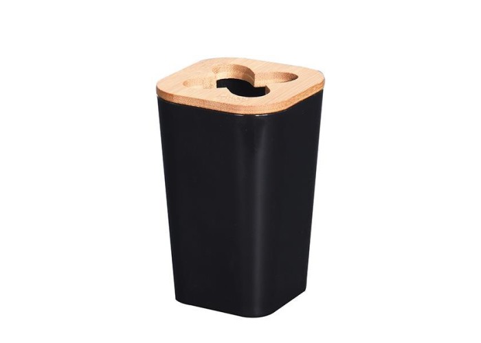 Θήκη για οδοντόβουρτσες πλαστική μαύρη με bamboo καπάκι 7,3x7,3xΥ11,5εκ.