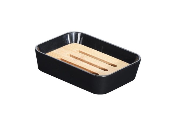 Σαπουνοθήκη πλαστική 11,9x8,9xΥ2,8εκ. μαύρη με bamboo θήκη αποστράγγισης Σαπουνοθήκη πλαστική 11,9x8,9xΥ2,8εκ. μαύρη με bamboo θήκη αποστράγγισης