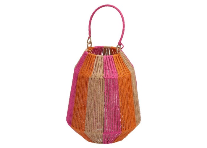 Φανάρι μεταλλικός σκελετό, γυαλί και γιούτα ροζ-πορτοκαλί 21×21×25εκ.