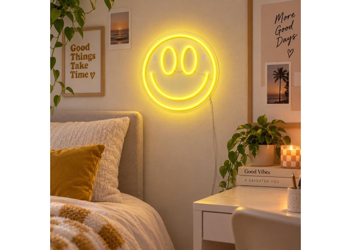 Φωτιζόμενο διακοσμητικό LED Neon Smiley κίτρινο 25x25εκ.