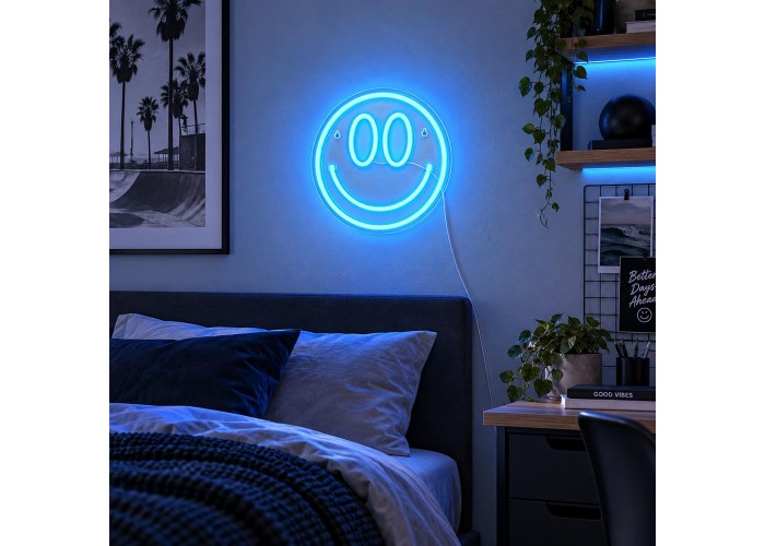 Φωτιζόμενο διακοσμητικό LED Neon Smiley μπλε 25x25εκ.