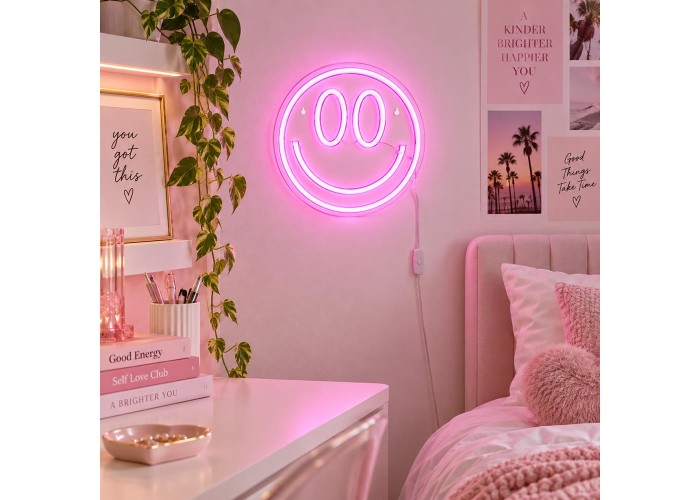 Φωτιζόμενο διακοσμητικό LED Neon Smiley ροζ 25x25εκ.