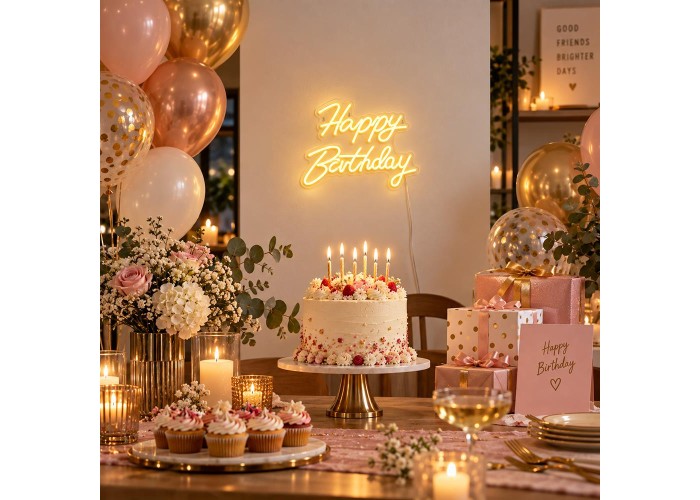 Φωτιζόμενη επιγραφή LED Neon Happy Birthday θερμό λευκό 42x28εκ.