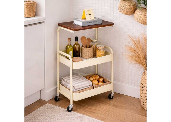 Τρόλεϊ- καλάθι Υ77x43x30εκ. μεταλλικό με ξύλινη επιφάνεια κίτρινο