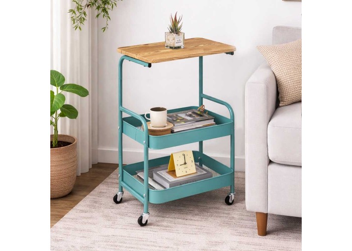 Τρόλεϊ- καλάθι Υ77x43x30εκ. μεταλλικό με ξύλινη επιφάνεια μπλε