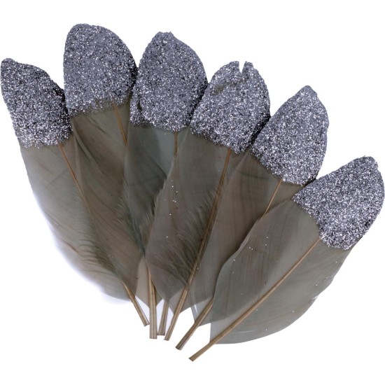 Γκρι Φτερά Με Glitter 6τεμ 11,5cm