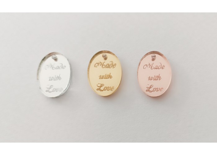 Plexiglass διακοσμητικό στοιχείο Μade with love - οβάλ 2cm x 1.5cm 