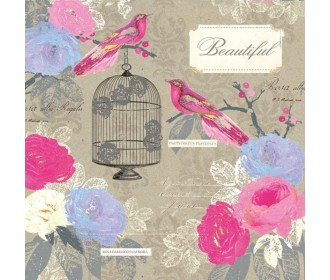 Χαρτοπετσέτα decoupage 33X33 κλουβί-ροζ πουλάκι Χαρτοπετσέτα decoupage 33X33 κλουβί-ροζ πουλάκι