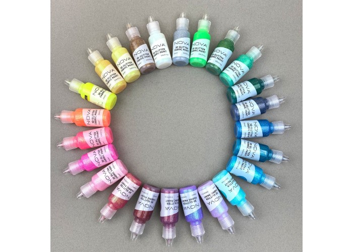 Χρώματα 3d για ύφασμα με glitter Nova 24 τεμ Χρώματα 3d για ύφασμα με glitter Nova 24 τεμ