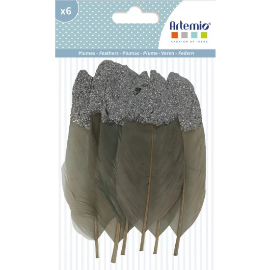 Γκρι Φτερά Με Glitter 6τεμ 11,5cm